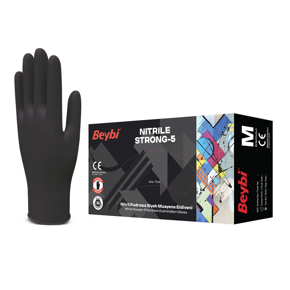 Strong-5 Pudrasız Siyah Nitril Muayene Eldiveni - 100'lük Kutu