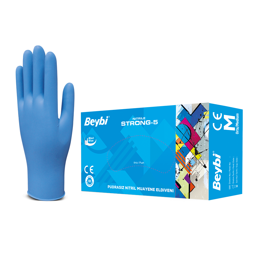Strong-5 Pudrasız Mavi Nitril Muayene Eldiveni - 100'lük Kutu